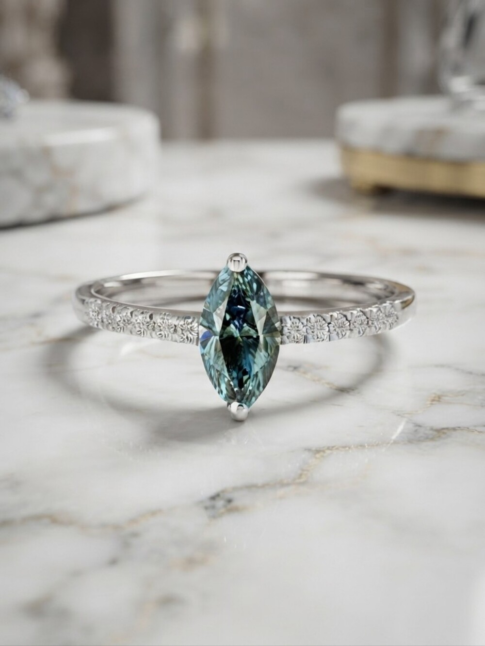 Blue Marquise Cut Diamond Engagement Ring 14K White Gold 0.83 TCW
